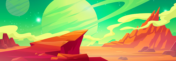 Mars landscape, alien planet background, red desert surface with mountains, saturn and stars shine on green sky. Martian extraterrestrial computer game scenery backdrop, cartoon vector illustration