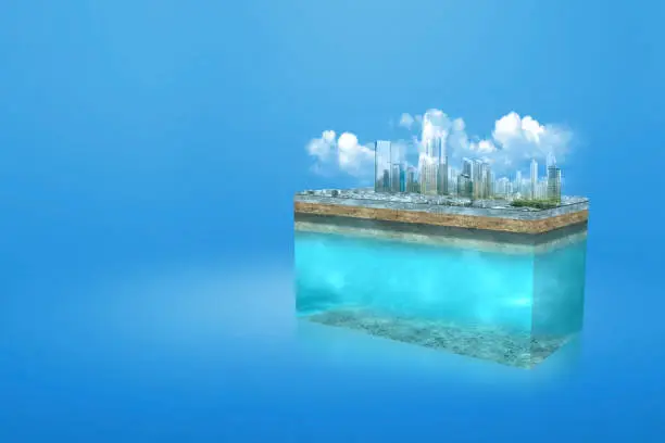 Skyscrapers and modern buildings standing above the subsoil. Environment concept