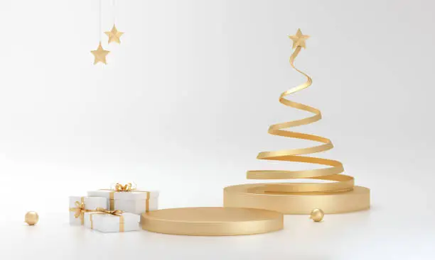 Podium Golden christmas tree and gifts on white studio background. Merry christmas. 3D Rendering.