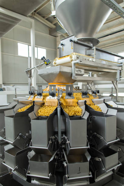 istock Pasta producing process, various types of pasta on conveyor belt 1344897517