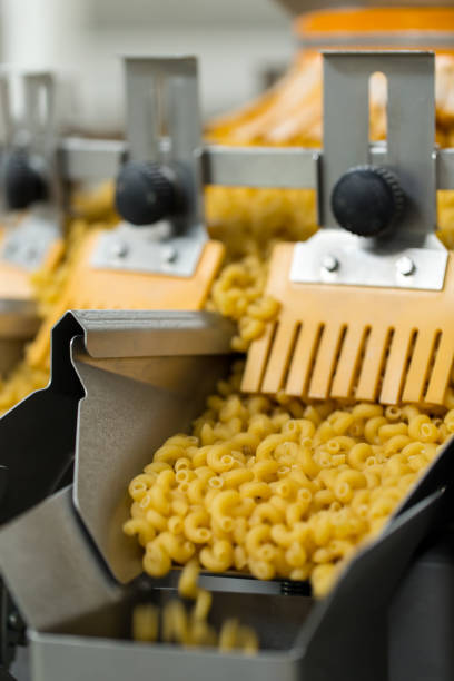 istock Pasta producing process, various types of pasta on conveyor belt 1344897651
