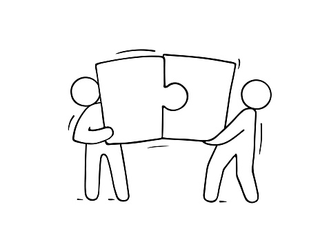 Skizze Von Arbeitenden Kleinen Leuten Mit Puzzle Teamwork Stock Vektor ...