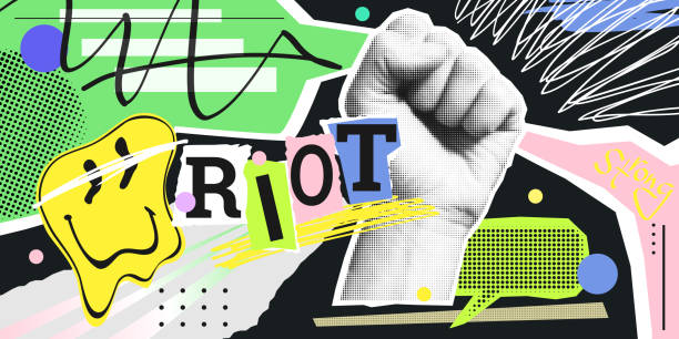 stockillustraties, clipart, cartoons en iconen met strong fist raised up in halftone shape. vector collage in contemporary punk grunge style . modern poster with dotted elements, brush strokes, urban magazine pattern. concept of human rights fight - funny image