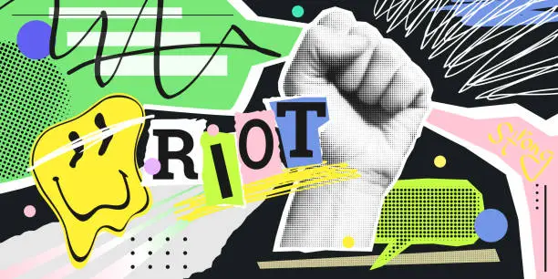 Vector illustration of Strong fist raised up in halftone shape. Vector collage in contemporary punk grunge style . Modern poster with dotted elements, brush strokes, urban magazine pattern. Concept of human rights fight