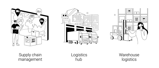 Goods transportation and storage abstract concept vector illustration set. Supply chain management, logistics hub, warehouse logistics, sorting and shipping, package delivery abstract metaphor.