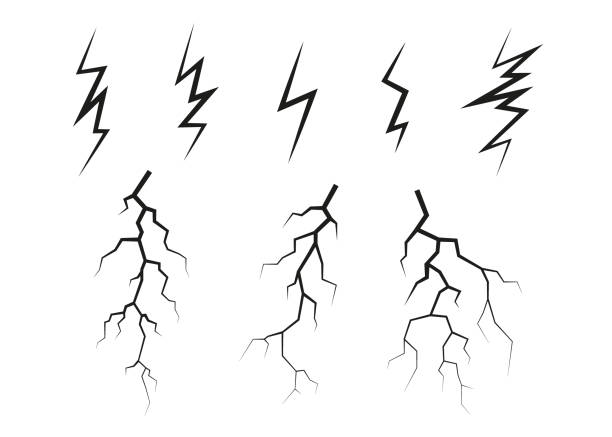 Lightning, electrostatic discharge during thunder bolt, different black line. Collection of natural phenomena of lightning or thunder. Vector illustration Lightning, electrostatic discharge during thunder bolt, different black line. Collection of natural phenomena of lightning or thunder. Vector air attack stock illustrations