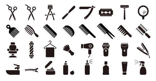 barber shop icon set (flache silhouette version) - haarbürste stock-grafiken, -clipart, -cartoons und -symbole