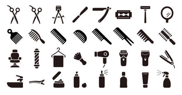 Barber Shop Icon Set (Flat Silhouette Version) This is a set of barber shop icons. This is a set of simple icons that can be used for website decoration, user interface, advertising works, and other digital illustrations. a hairbrush stock illustrations