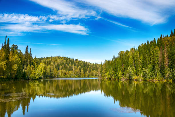 istock Blue sky reflection in the river water landscape 1344904591