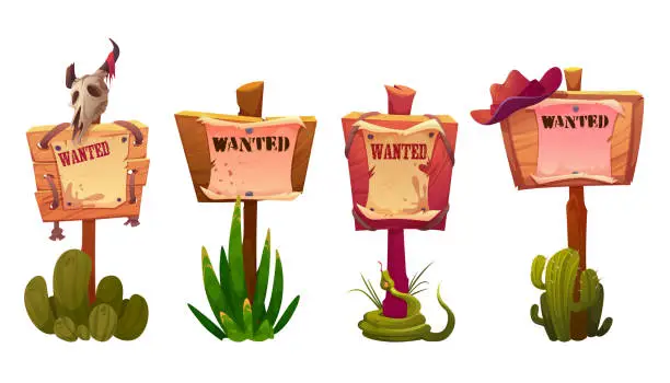 Vector illustration of Wanted signs or banners, wild west announcement