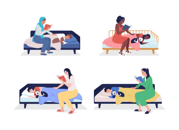 illustrazioni stock, clip art, cartoni animati e icone di tendenza di mamma lettura per bambino semi piatto colore vettoriale set di caratteri - bedtime