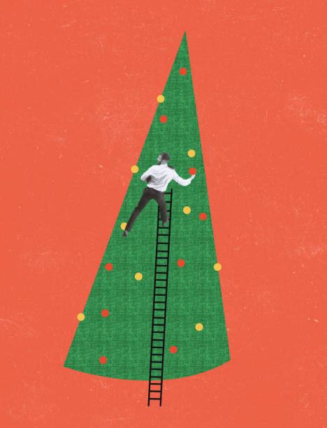 istock Young business man decorating a creative christmas tree isolated on red background. Holiday, winter, wishes, New Year and Christmas 2022 concept. 1344907892