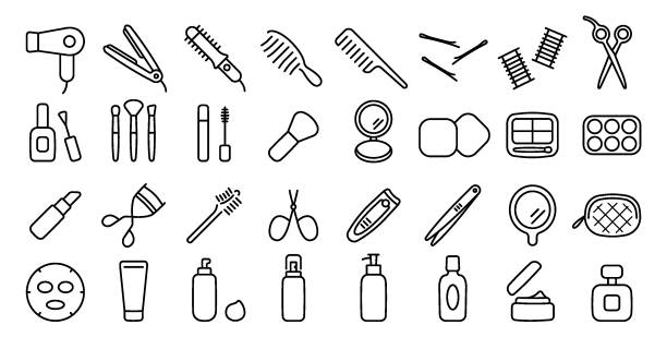 Beauty Cosmetics Icon (Thin Line Version) This is a set of cosmetic icons. This is a set of simple icons that can be used for website decoration, user interface, advertising works, and other digital illustrations. eyeliner brush stock illustrations