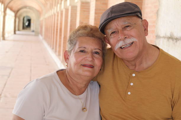 Healthy senior couple with copy space.