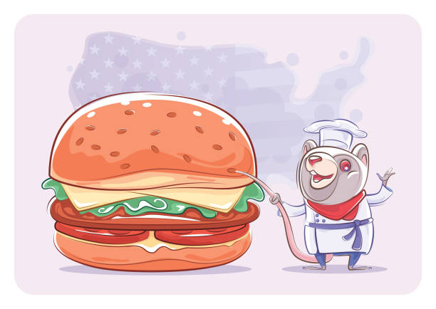 ilustrações de stock, clip art, desenhos animados e ícones de chef mouse presenting with hamburger - cartoon chef mouse rat