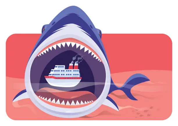 Vector illustration of big shark eating cruise ship