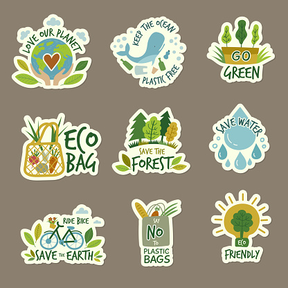 Ecology. Stickers with green planets eco environment friendly ecology save earth recent vector badges collection. Illustration of planet environment, natural eco and zero waste
