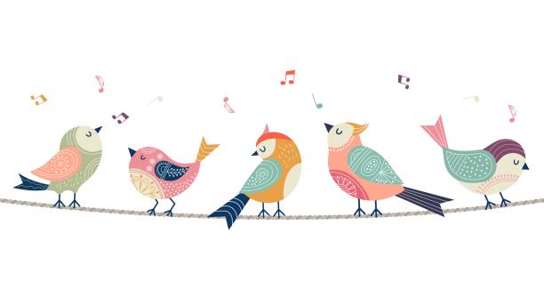 illustrazioni stock, clip art, cartoni animati e icone di tendenza di bandiera degli uccelli che cantano. uccello popolare astratto seduto su corda. elemento vettoriale animale decorativo isolato - singing