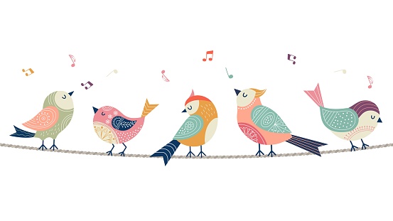 Singing birds banner. Abstract folk bird sitting on rope. Isolated decorative animal vector element. Illustration of bird song, animal singing