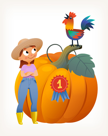 First prize won by farmer girl for planting the biggest orange pumpkin at countryside agricultural festival. Girl standing near huge vegetable. Rooster on top. Isolated vector illustration
