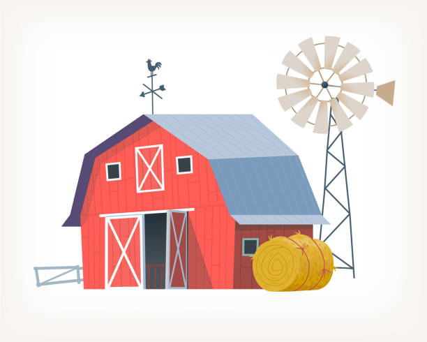 illustrations, cliparts, dessins animés et icônes de bâtiment classique de grange de ferme en bois rouge avec girouette sur le moulin à vent supérieur et rouleau de foin à proximité. - farm pumpkin autumn farmer
