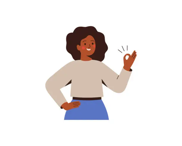 Vector illustration of Black businesswoman shows ok sign completing the project. Successful African female entrepreneur satisfied with the result of her work.