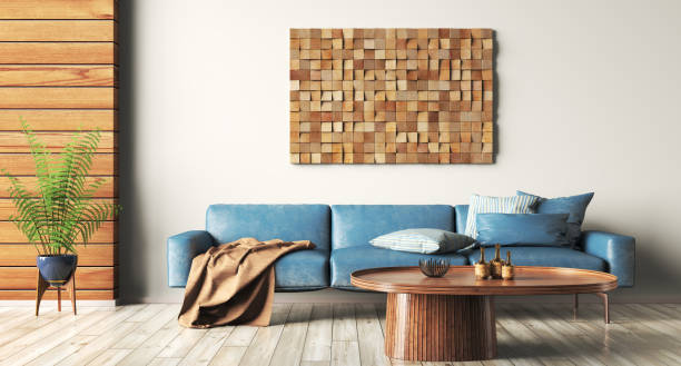 projekt wnętrza nowoczesnego mieszkania, niebieska skórzana sofa w salonie, drewniany stolik kawowy, wystrój ścian w aranżacji domu rendering 3d - wall decor zdjęcia i obrazy z banku zdjęć