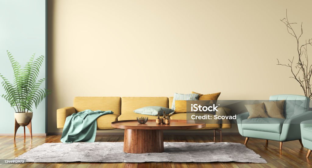 Interior design of modern apartment, yellow sofa in living room, green armchairs,wall mockup in home design 3d rendering Interior design of modern apartment, yellow sofa in contemporary living room, green armchairs, wall mockup in home design. 3d rendering Living Room Stock Photo
