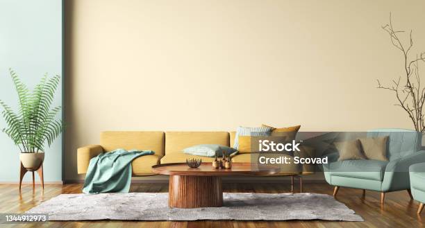 Interior Design Of Modern Apartment Yellow Sofa In Living Room Green Armchairswall Mockup In Home Design 3d Rendering Stock Photo - Download Image Now