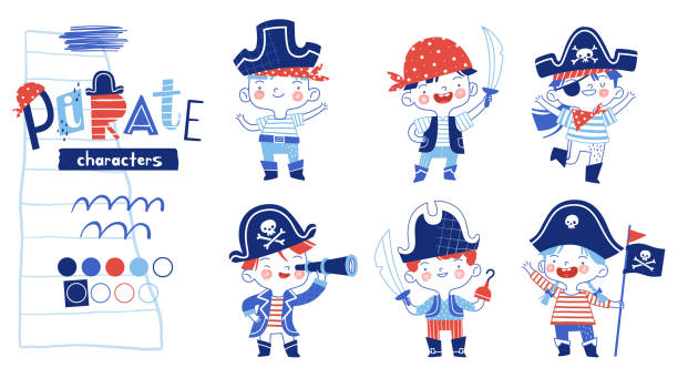 Set of funny and cheerful children in pirate costumes with a saber, a spyglass, a flag or a hook in their hands. Children pirates in different poses and different outfits having fun Set of funny and cheerful children in pirate costumes with a saber, a spyglass, a flag or a hook in their hands. Children pirates in different poses and different outfits having fun. Cartoon vector illustration. Isolated on white background boat captain illustrations stock illustrations
