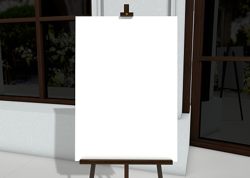 Wedding white Board, welcome sign Mockup , outdoors. Greeting template. isolated with clipping mask. 3d render.