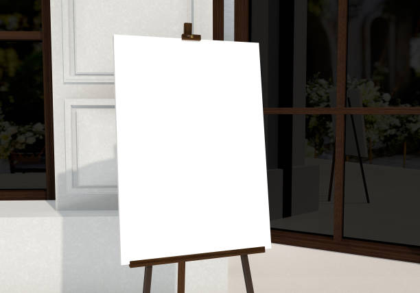 istock Wedding white Board, welcome sign Mockup , outdoors. Greeting template. isolated with clipping mask. 1344914548