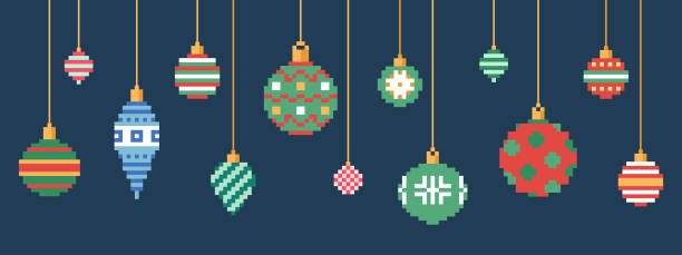 ilustrações, clipart, desenhos animados e ícones de enfeites de natal da pixel art. - christmas ornament christmas decoration multi colored large group of objects
