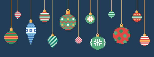 Pixel art Christmas ornaments set. Pixel art Christmas ornaments set. Vector 8 bit style collection of Christmas bauble toys decorations. Isolated elements of retro video game computer graphic. christmas pattern pixel stock illustrations