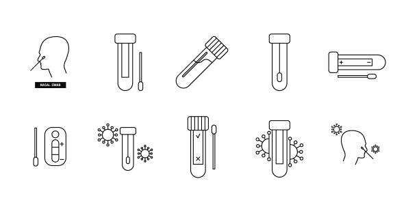 illustrazioni stock, clip art, cartoni animati e icone di tendenza di logo di profilo delle analisi di laboratorio medico. icona della linea vettoriale del test del virus pcr covid-19. - dna kit