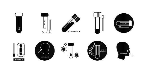 illustrazioni stock, clip art, cartoni animati e icone di tendenza di logo di profilo delle analisi di laboratorio medico. icona della linea vettoriale del test del virus pcr covid-19. - dna kit