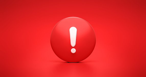 Red urgency warning icon symbol and alert security caution message or exclamation danger safety sign on error risk secure mark illustration background with warn signal stop attention alarm. 3D render.