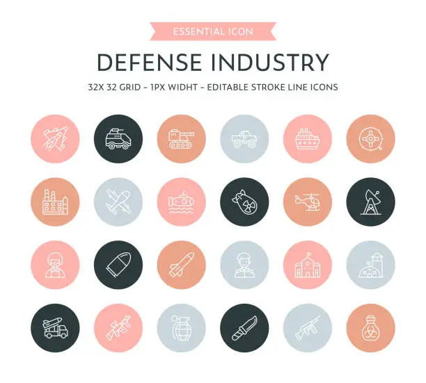 Vector illustration of Defense Industry Thin Line Icon Collection