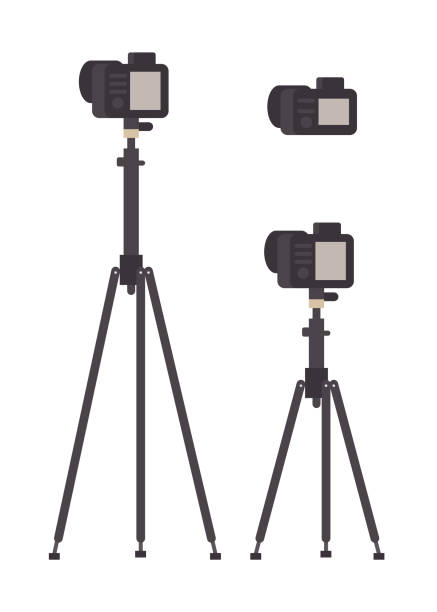 Set of different photo camera objects with screen on high tripod isolated. Set of different photo camera objects with screen on high tripod isolated. Vector flat illustration. Back side view. For banners, web. tripod vector stock illustrations