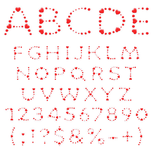istock Alphabet, letters, numbers and signs made of red circles and hearts. Isolated vector objects. 1344917712