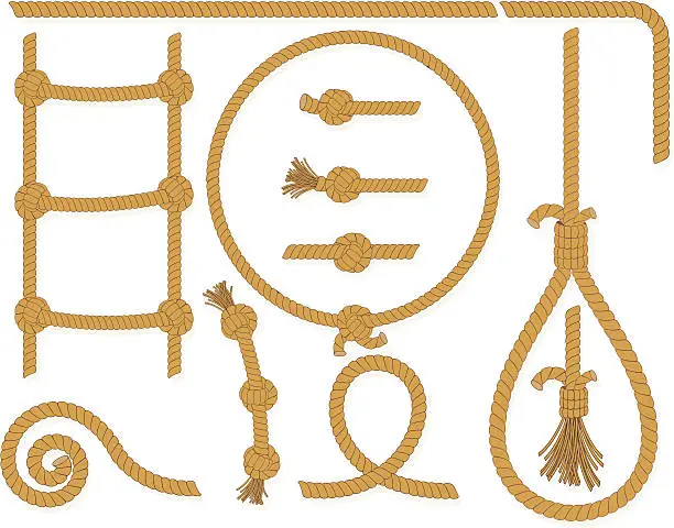Vector illustration of Montage of tied ropes hanging on a white background