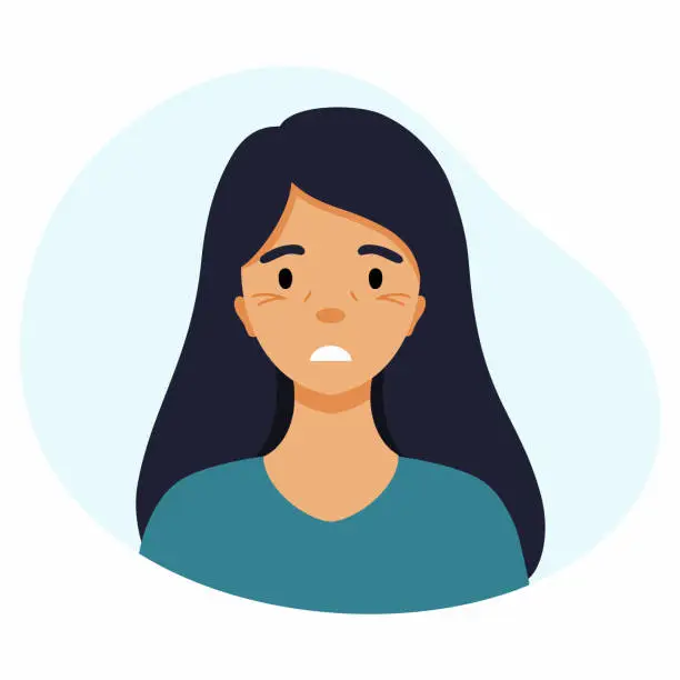 Vector illustration of Sad girl and wrinkles under her eyes. Age related changes in skin face. Beauty, youth and health.