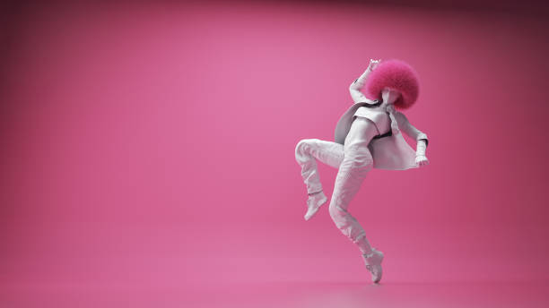 Woman dances on pink a background . Stylized character in motion. This is a 3d render illustration