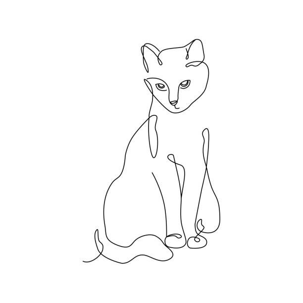 귀여운 고양이와 한 줄 아트 스타일의 벡터 카드. 흰색 배경에 고양이의 라인 아트 일러스트 - only one animal stock illustrations