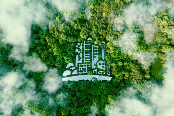sebuah danau berbentuk kota di tengah hutan yang rimbun sebagai metafora untuk urbanisme ramah lingkungan dan kehidupan hijau modern pada umumnya. rendering 3d. - sustainability potret stok, foto, & gambar bebas royalti