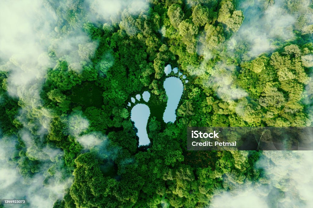 A lake in the shape of human footprints in the middle of a lush forest as a metaphor for the impact of human activity on the landscape and nature in general. 3d rendering. Sustainable Resources Stock Photo