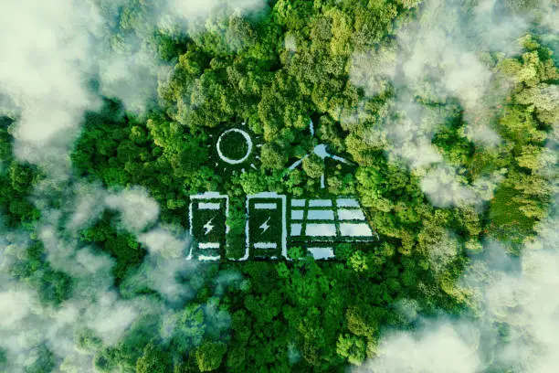 Photo of A lake in the shape of a solar, wind and energy storage system in the middle of a lush forest as a metaphor for the concept of clean and organic renewable energy. 3d rendering.