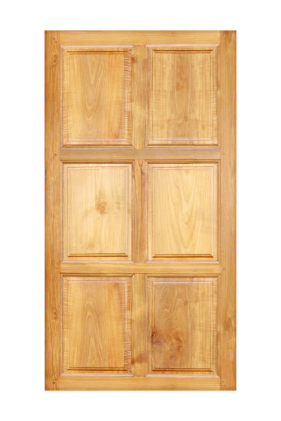 istock Old brown wooden door isolated on white background 1344923146