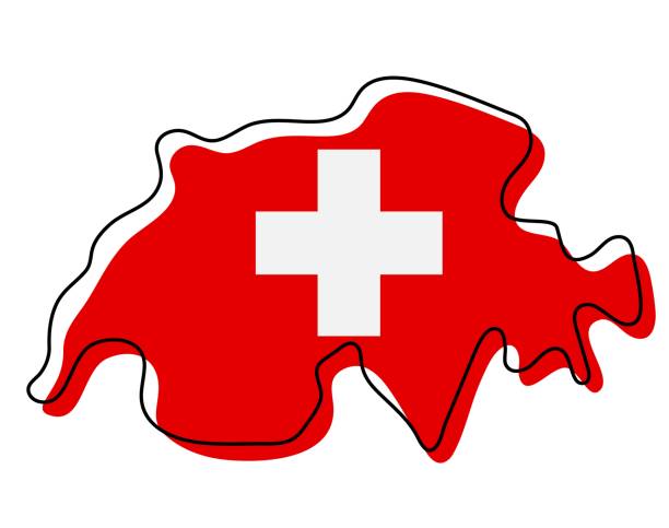 stylized outline map of switzerland with national flag icon. flag color map of switzerland vector illustration. - i̇sviçre illüstrasyonlar stock illustrations