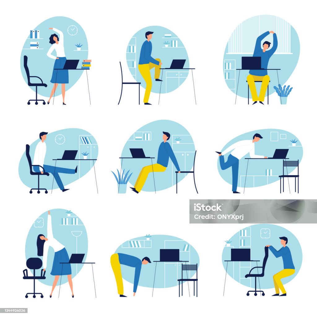 Office syndrome. Stressed workers people with healthy problems headache neck and back destroyed recent vector people Office syndrome. Stressed workers people with healthy problems headache neck and back destroyed recent vector people. Illustration of office syndrome, computer stress work Stretching stock vector